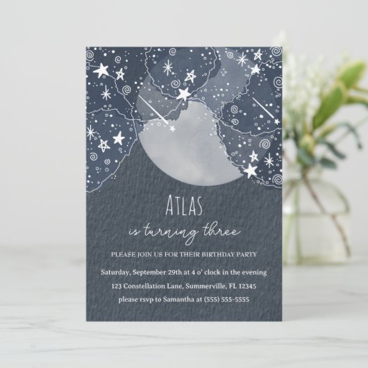 Whimsical Stars and Moon Birthday Party Invitation Kaart (Staand voorkant)