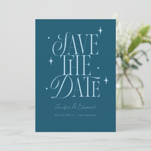 Whimsical Stars Blauwgroen Blauw Sla de datum op Save The Date (Staand voorkant)