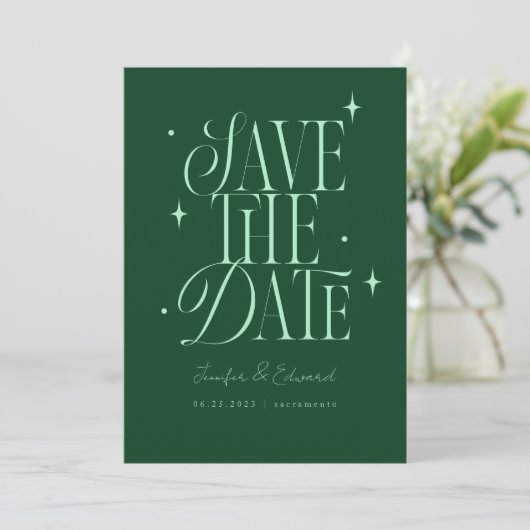 Whimsical Stars Emerald Green Save the Date (Staand voorkant)
