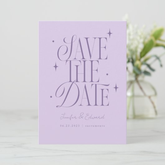Whimsical Stars Lavendel Save The Date (Staand voorkant)