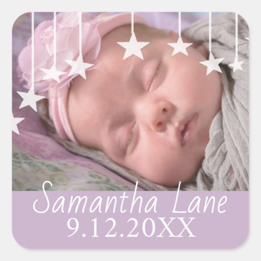 Whimsical Stars Nieuwe Baby Naam en Datum Vierkante Sticker (Voorkant)