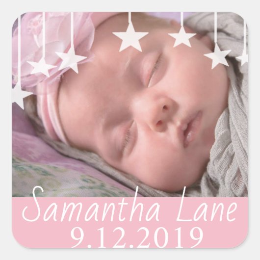 Whimsical Stars Nieuwe Baby Naam en Datum Vierkante Sticker (Voorkant)