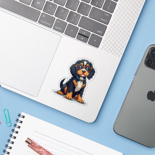 Whimsical Steampunk Cocker Spaniel, Cool Glasses, Sticker (Laptop met iPhone)