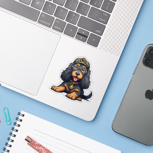 Whimsical Steampunk Cocker Spaniel, detective Pup, Sticker (Laptop met iPhone)