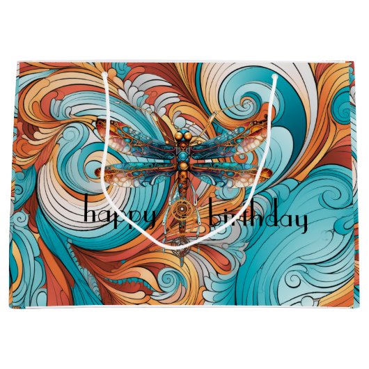 Whimsical Steampunk Dragonfly in Blauw en Sinaasap Groot Cadeauzakje (Voorkant)