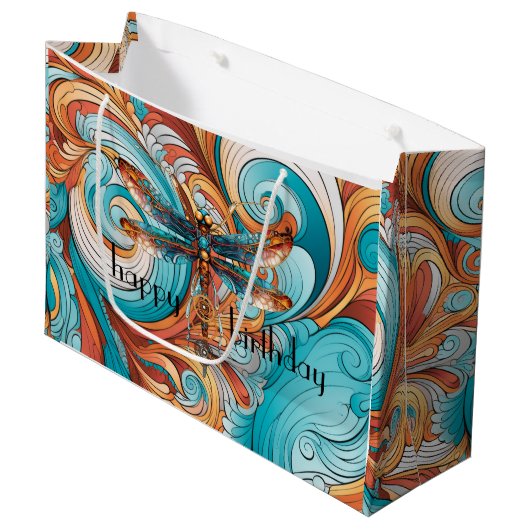 Whimsical Steampunk Dragonfly in Blauw en Sinaasap Groot Cadeauzakje (Voorkant Gekanteld)