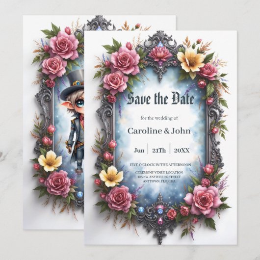 Whimsical Steampunk Elf Bruiloft Save The Date (Voorkant / Achterkant)