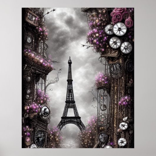 Whimsical Steampunk Fantasy Eiffeltoren Parijs Poster (Voorkant)