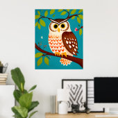 Whimsical stijl schilderij van een uil op een boom poster (Thuiskantoor)