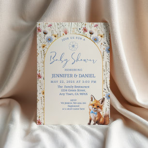 Whimsical Stofblauwe Bosvos Baby Shower Kaart