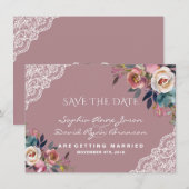 Whimsical Stofblauwe Stof Roze Bloemen Bruiloft Save The Date (Voorkant / Achterkant)