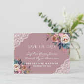 Whimsical Stofblauwe Stof Roze Bloemen Bruiloft Save The Date (Staand voorkant)