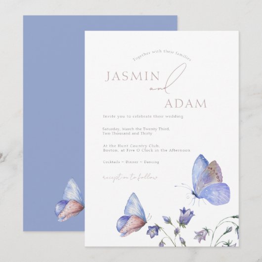 Whimsical Stofblauwe Vlinder Wilde Bloem Monogram Kaart (Voorkant / Achterkant)