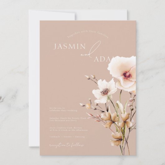 Whimsical Stoffig Roze Wildbloemen Bloemenbruiloft Kaart (Voorkant)