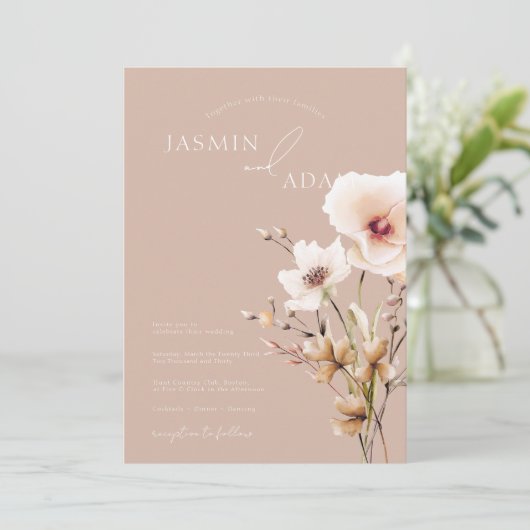 Whimsical Stoffig Roze Wildbloemen Bloemenbruiloft Kaart (Staand voorkant)