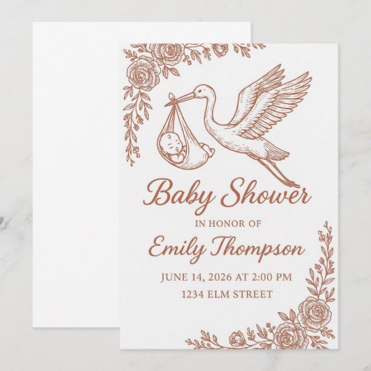 Whimsical Stork & Floral Rustic Kaart (Voorkant / Achterkant)