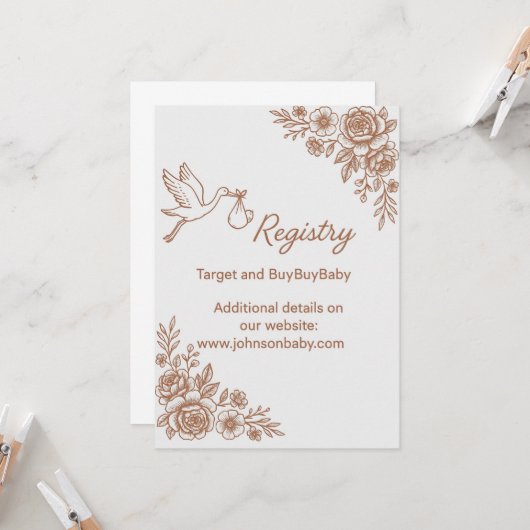 Whimsical Stork & Floral Rustic Registry Kaart (Voorkant / Achterkant in situ)