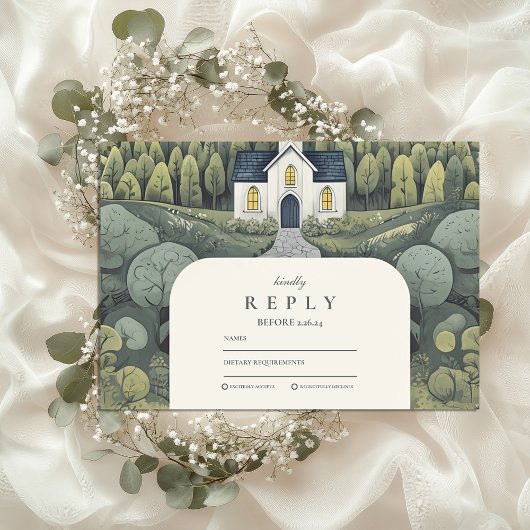 Whimsical Storybook Forest Chapel Wedding RSVP Kaartje