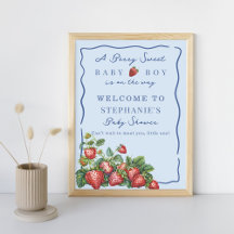 Whimsical Strawberry Blue Baby Shower Welcome Sign