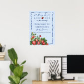 Whimsical Strawberry Blue Baby Shower Welcome Sign Poster (Thuiskantoor)