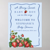 Whimsical Strawberry Blue Baby Shower Welcome Sign Poster (Voorkant)