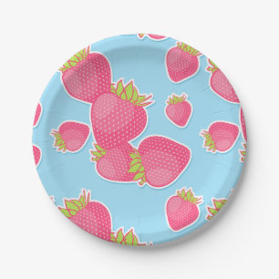 Whimsical Strawberry Pattern op Blue Papieren Bordje