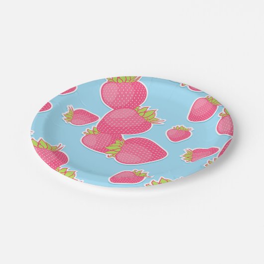 Whimsical Strawberry Pattern op Blue Papieren Bordje (Gekanteld)