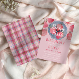 Whimsical Strawberry Pink 1st Birthday Watercolor  Kaart