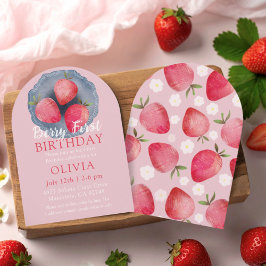 Whimsical Strawberry Red & Pink 1st Birthday  Invi Kaart