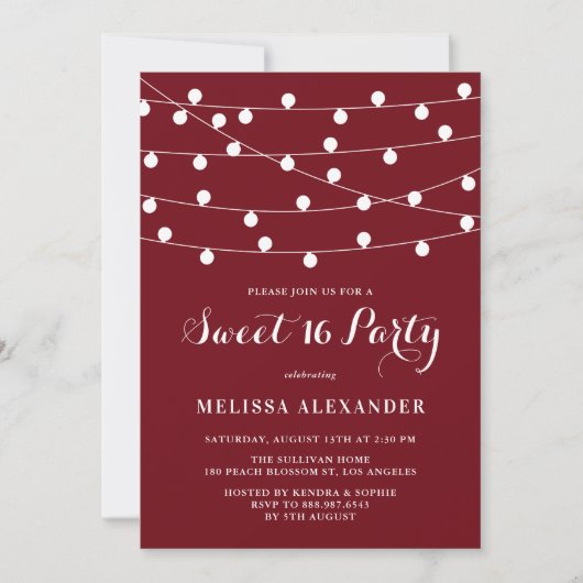 Whimsical String Lights Bourgondië Sweet 16 Party Kaart (Voorkant)
