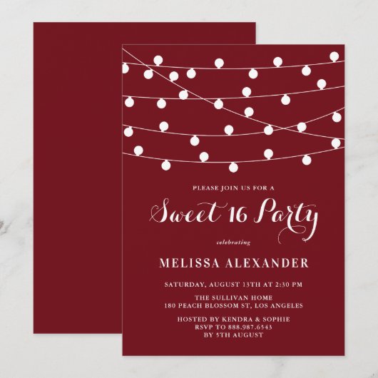 Whimsical String Lights Bourgondië Sweet 16 Party Kaart (Voorkant / Achterkant)