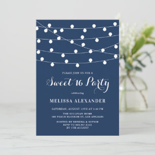 Whimsical String Lights Navy Blauw Sweet 16 Party Kaart