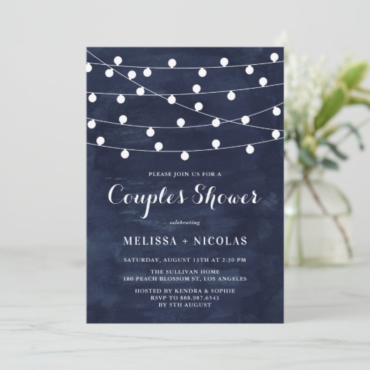 Whimsical String Lights Navy Blue Couples Shower Kaart (Staand voorkant)
