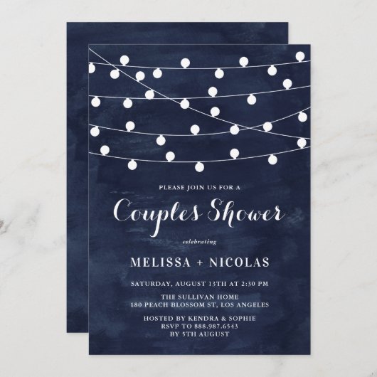Whimsical String Lights Navy Blue Couples Shower Kaart (Voorkant / Achterkant)