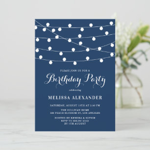 Whimsical String Lights Navy Blue Verjaardagsfeest Kaart