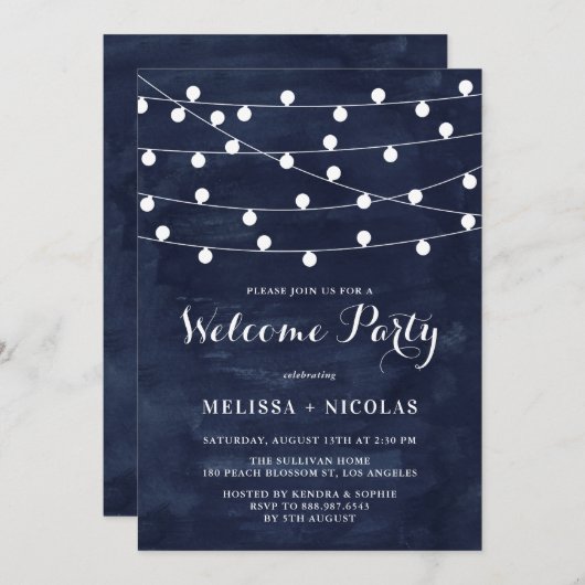 Whimsical String Lights Navy Blue Wedding Shower Kaart