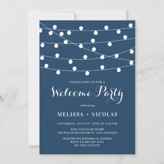 Whimsical String Lights Navy Blue Welcome Party Kaart (Voorkant)