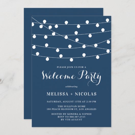 Whimsical String Lights Navy Blue Welcome Party Kaart (Voorkant / Achterkant)