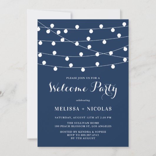 Whimsical String Lights Navy Blue Welcome Party Kaart (Voorkant)