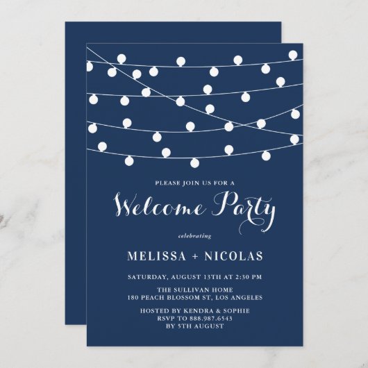 Whimsical String Lights Navy Blue Welcome Party Kaart (Voorkant / Achterkant)