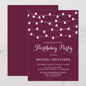 Whimsical String Lights Paars Birthday Party Kaart (Voorkant / Achterkant)