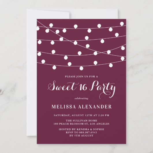 Whimsical String Lights Paarse Sweet 16 Party Kaart (Voorkant)