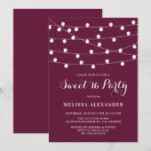 Whimsical String Lights Paarse Sweet 16 Party Kaart (Voorkant / Achterkant)