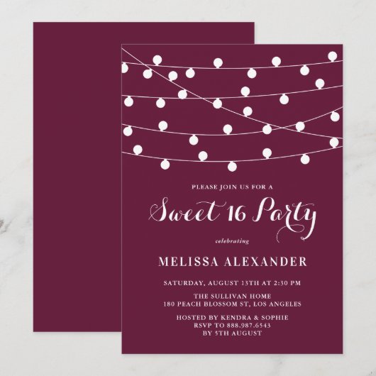 Whimsical String Lights Paarse Sweet 16 Party Kaart (Voorkant / Achterkant)