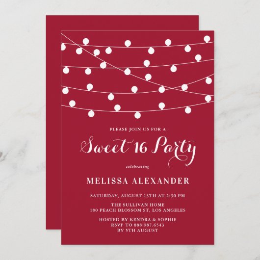 Whimsical String Lights Rood Zoet 16 Party Kaart (Voorkant / Achterkant)