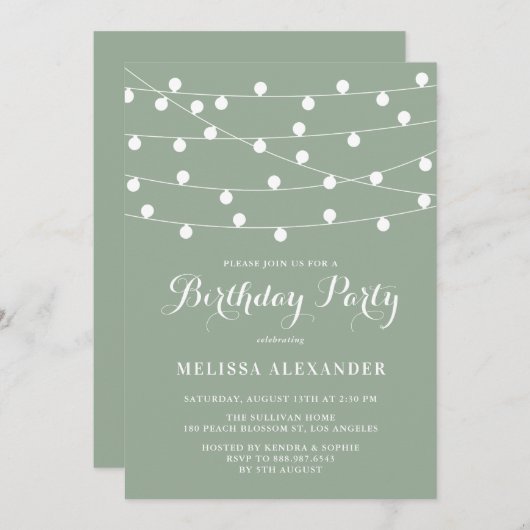 Whimsical String Lights Sage Groen Verjaardagsfees Kaart (Voorkant / Achterkant)