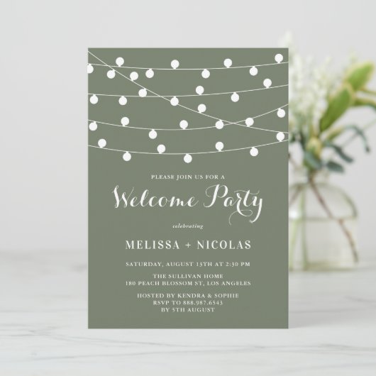 Whimsical String Lights Taupe Green Welcome Party Kaart (Staand voorkant)
