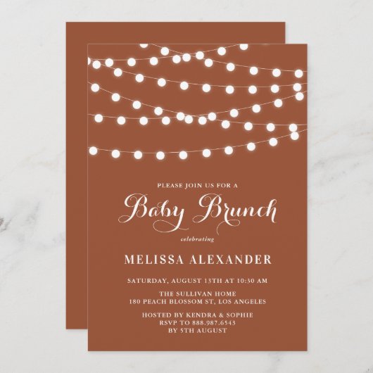 Whimsical String Lights Terracotta Baby Brunch Kaart (Voorkant / Achterkant)