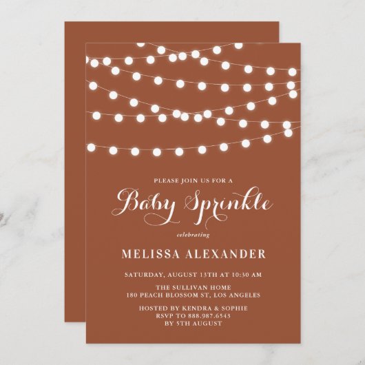 Whimsical String Lights Terracotta Baby Sprinkle Kaart (Voorkant / Achterkant)