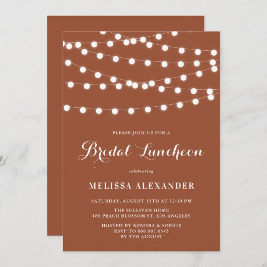 Whimsical String Lights Terracotta Bridal Luncheon Kaart (Voorkant / Achterkant)